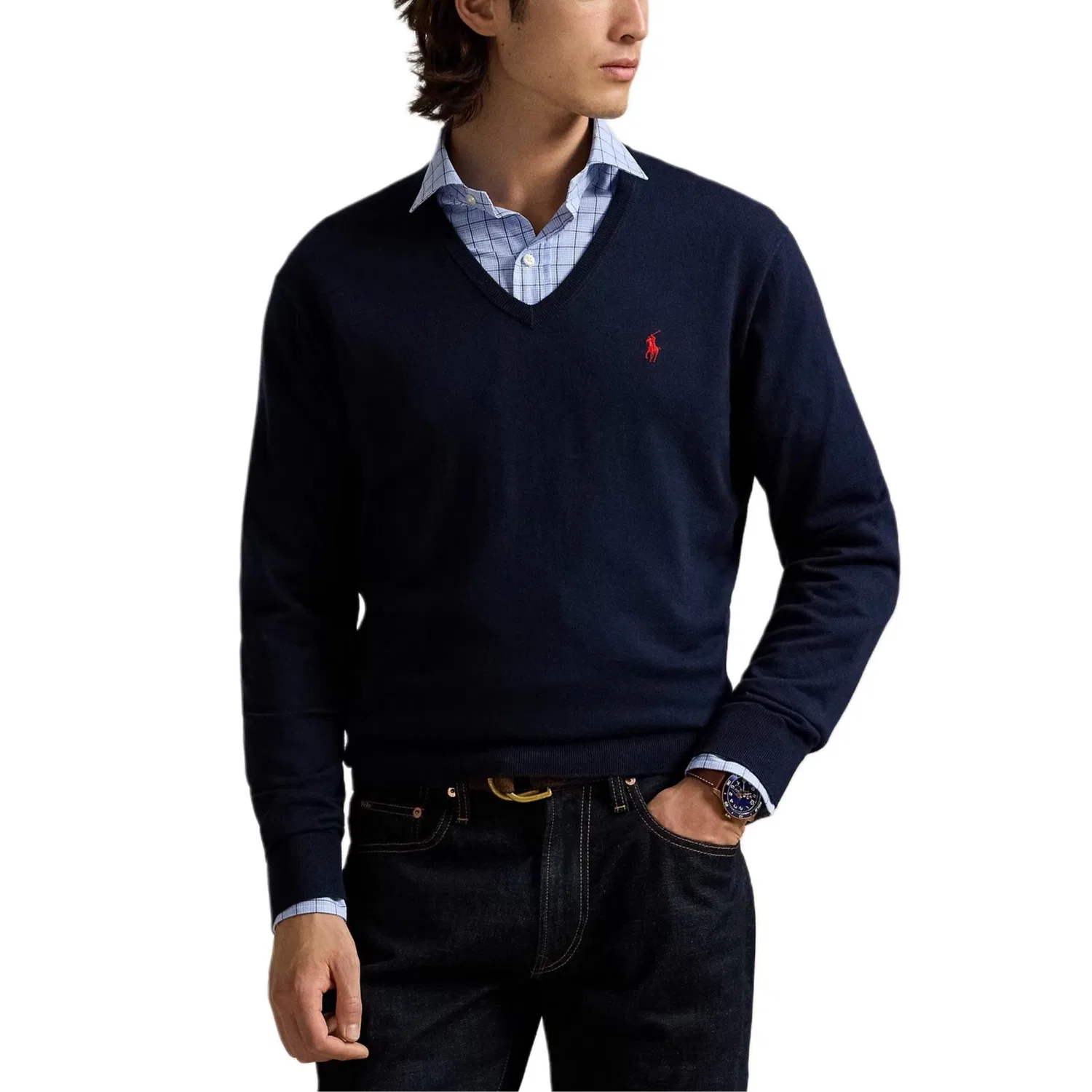 Мужской свитер с V-образным вырезом и логотипом Polo Ralph Lauren, Синий — фото 4