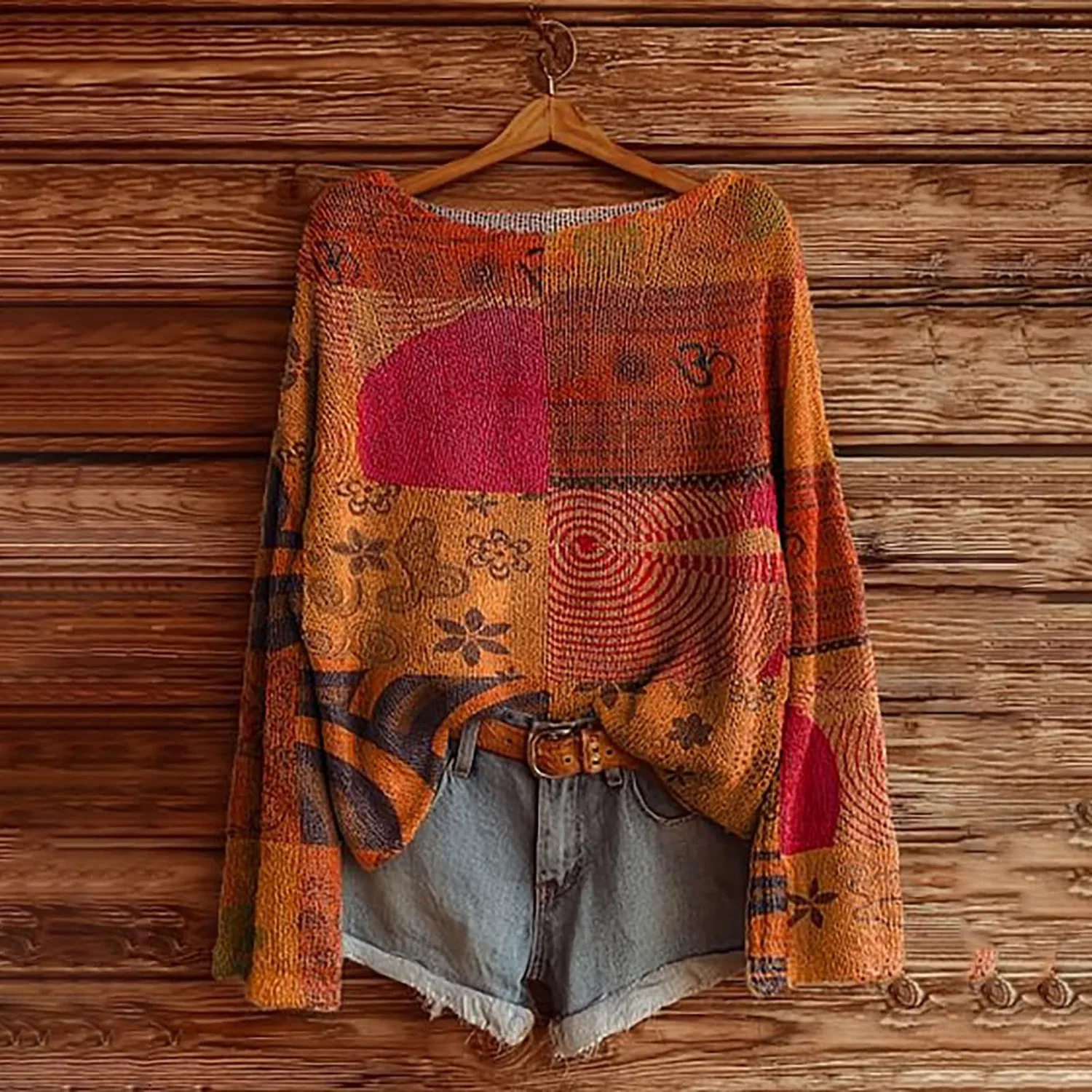Женский свитер с цветочным принтом, свободного кроя, 5-orange — фото 2