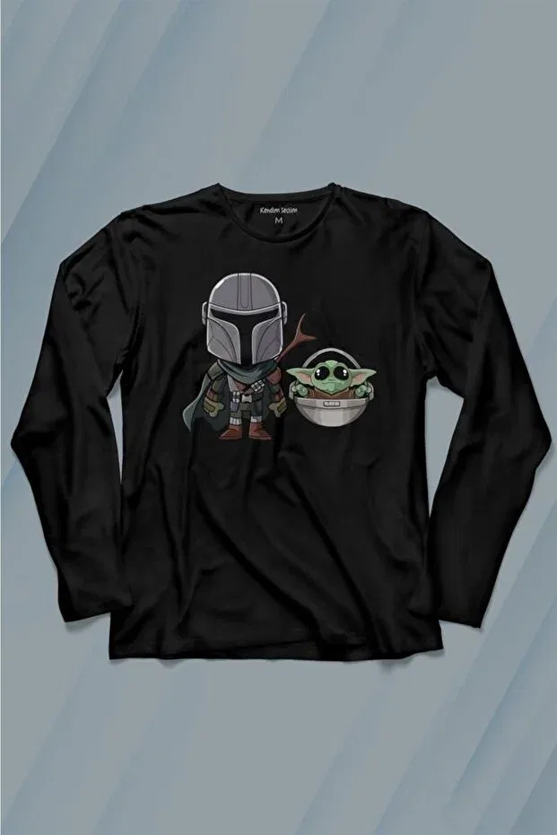 Детская футболка с длинным рукавом с принтом Baby Yoda Mando Figure The Mandalorian Star Wars Kendim Seçtim, Black