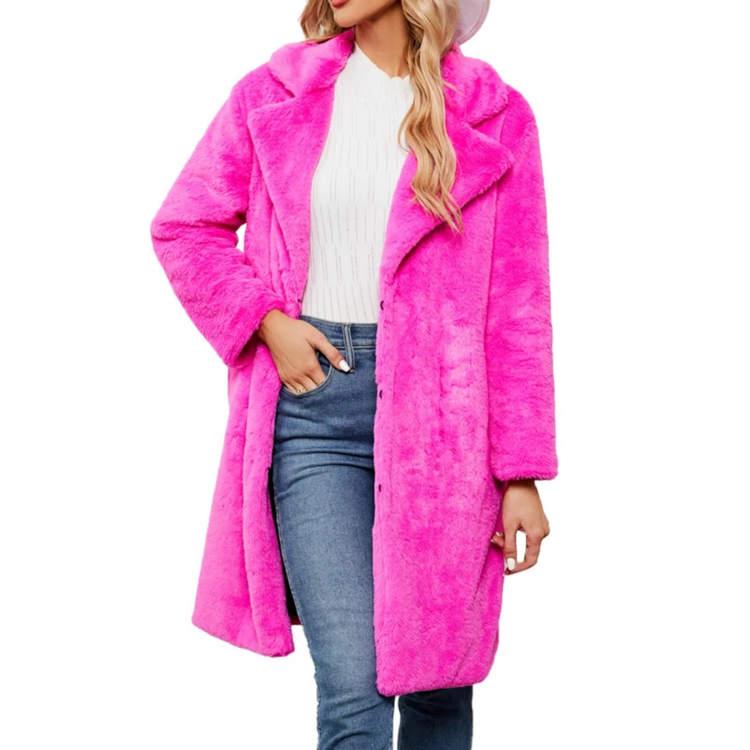 Женское зимнее пальто с открытым передом, модель Furry Jackets Sweaters, Hot Pink