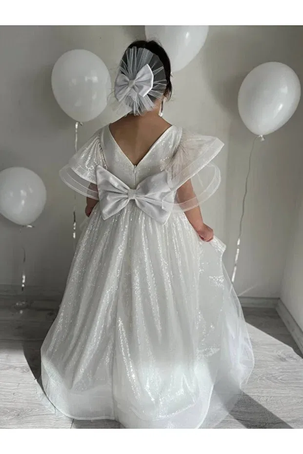 Детское платье для девочек с пайетками White Sequined Long Maxi Length Creeping Girl's Wedding Dress Sare Çocuk Giyim, White — фото 4
