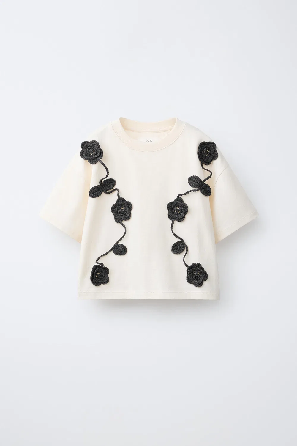 Вязаная крючком футболка с цветочным узором ZARA, Ecru