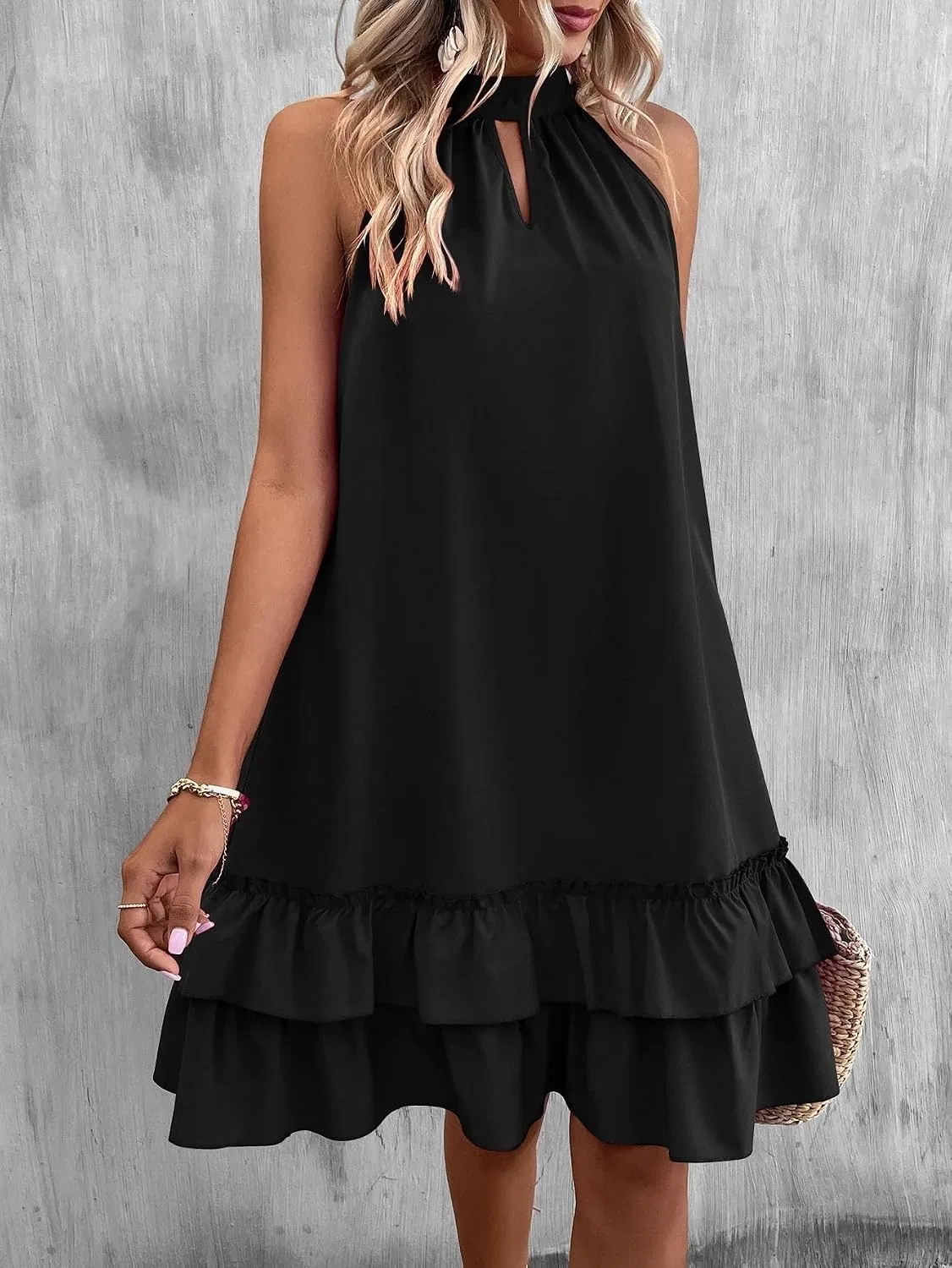 Женское летнее платье с воланами и вырезами, Sleeveless Tiered Ruffle, Black — фото 3