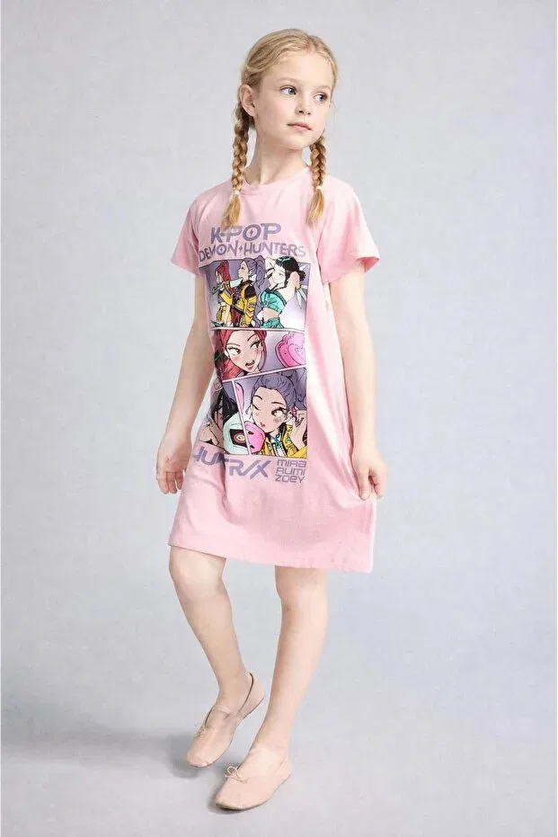 Детское платье для девочек с принтом Kpop - demon hunters short sleeve dress Defacto, Pink-Pn636 — фото 3