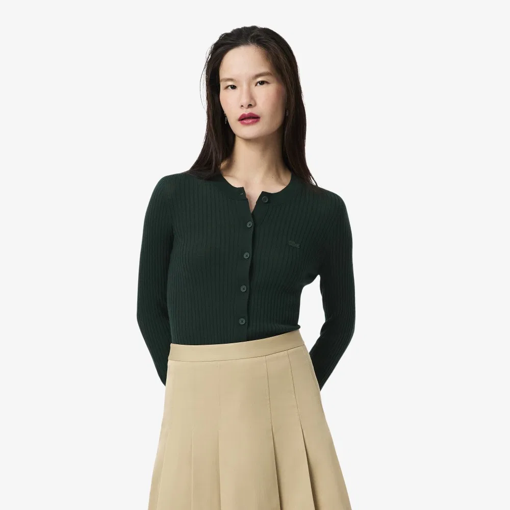 Кардиган Lacoste из мериносовой шерсти, круглый вырез, зеленый