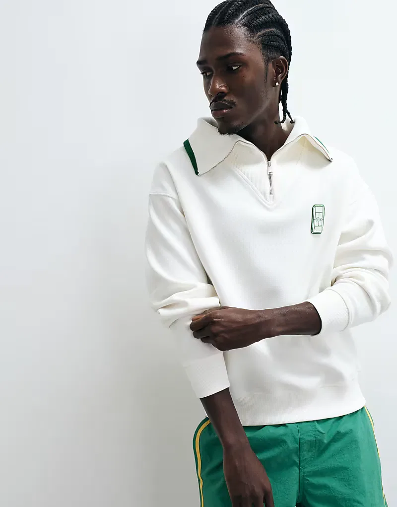 Классическая толстовка-поло Lacoste с застежкой-молнией на четверть длины и логотипом, белая — фото 3