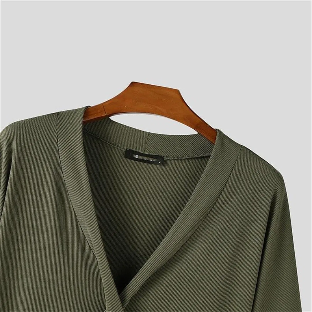 Мужская вязаная футболка с глубоким V-вырезом Generic, Khaki — фото 2
