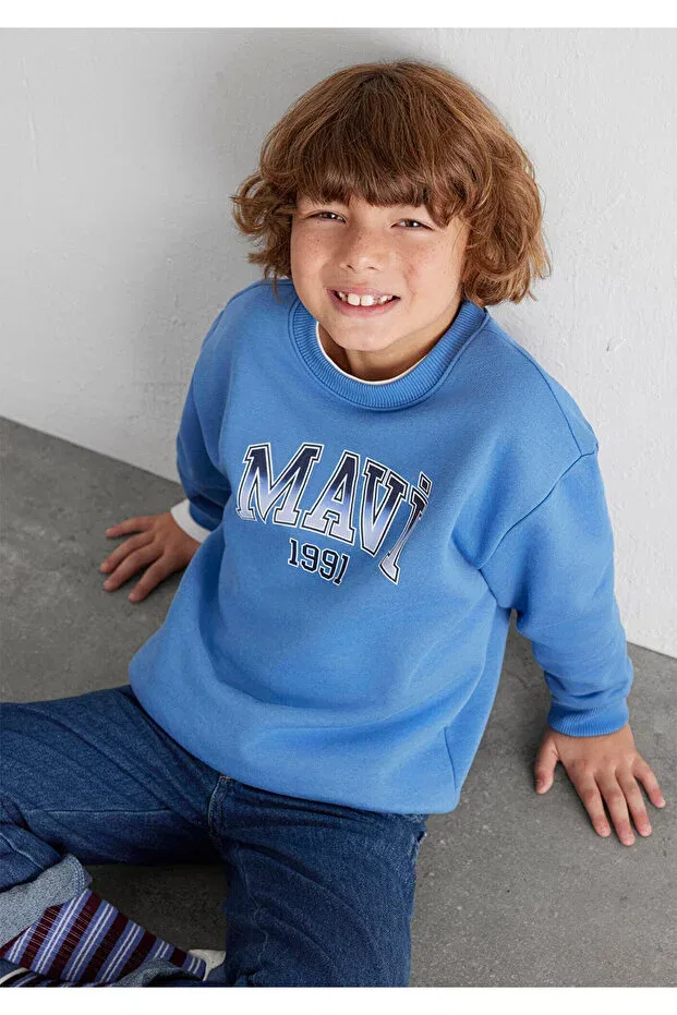 Детские свитшот для мальчиков с принтом Logo crew neck sweatshirt Mavi, Blue — фото 2
