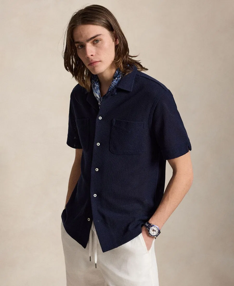 Рубашка с коротким рукавом из текстурного пике с вышивкой Polo Ralph Lauren, Cruise Navy