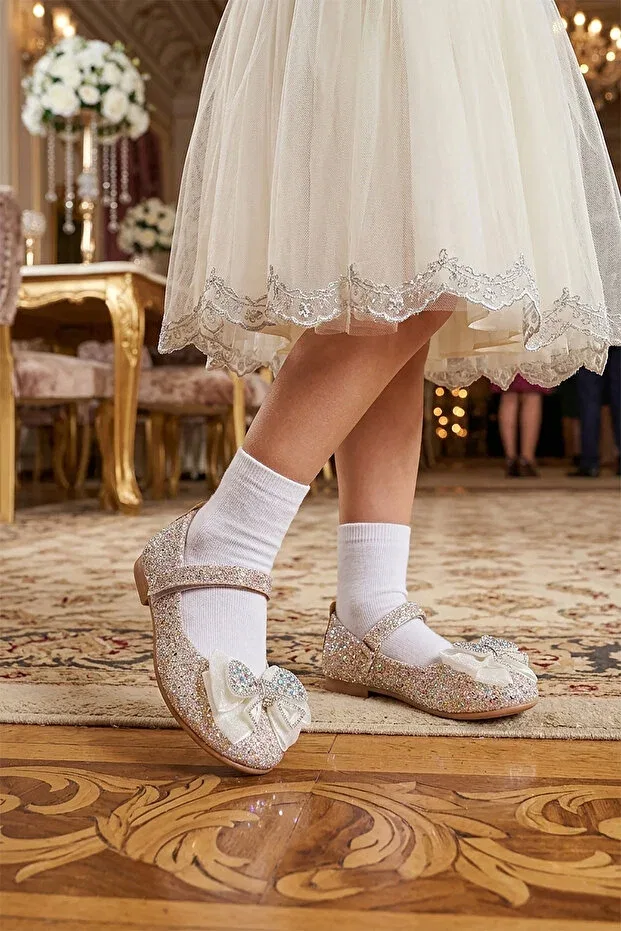 Детские балетки для девочек с графическим принтом Hiza stoned velcro girls' ballerina shoes Kiko Kids, Gold — фото 3