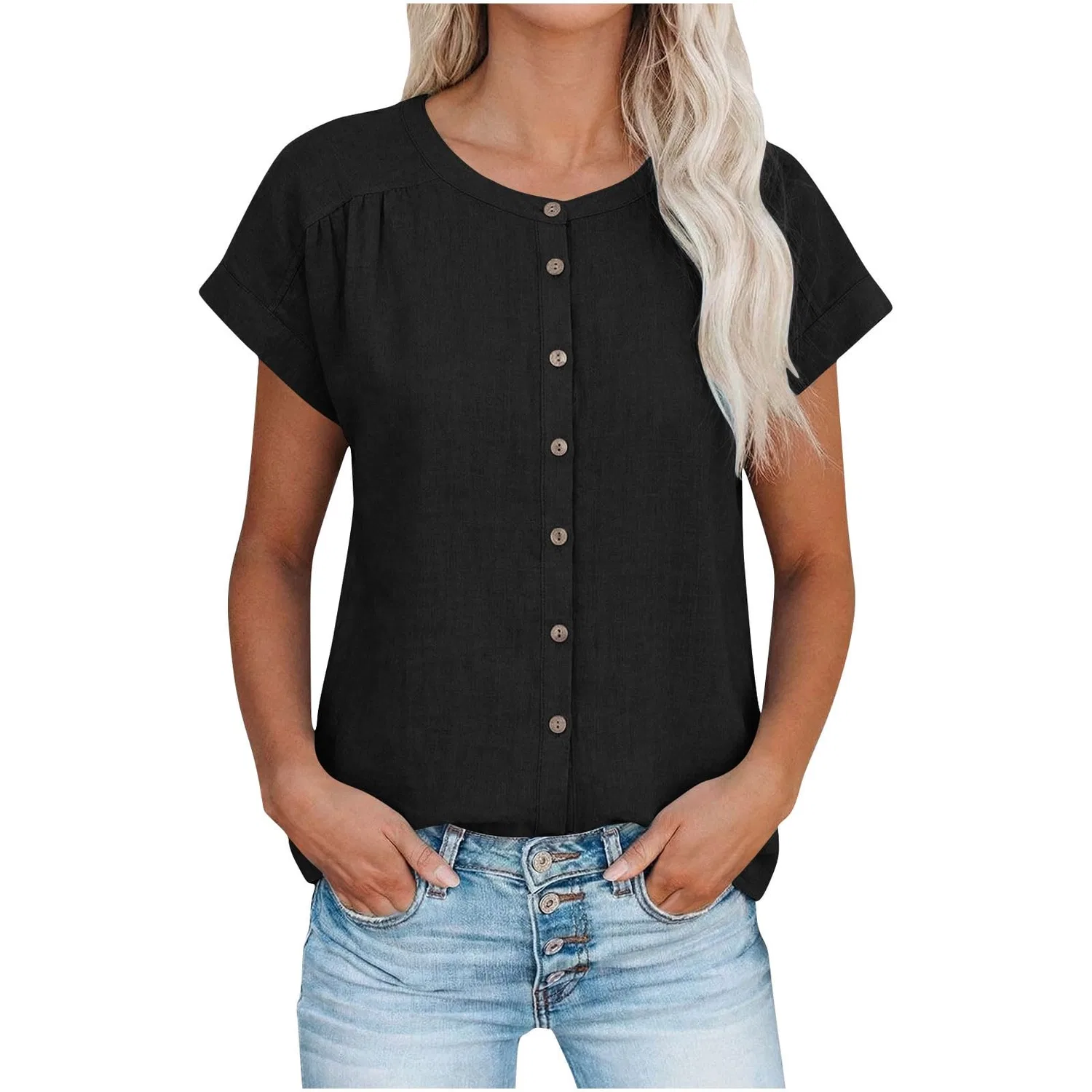 Женская льняная блузка с коротким рукавом, Za-black