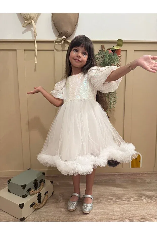 Детское платье для девочек с пайетками модель Ecru sequined balloon sleeve coarse tulle skirted girl's baby girl's evening dress - terra Penu Baby Kids, Ecru