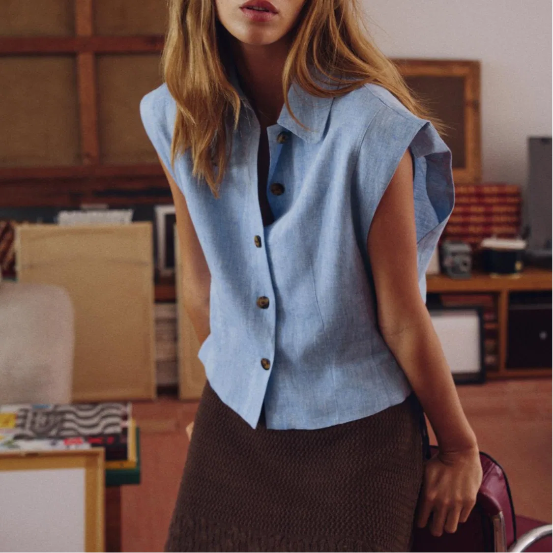 Женская рубашка с отложным воротником Blue ZARA, Blue — фото 4