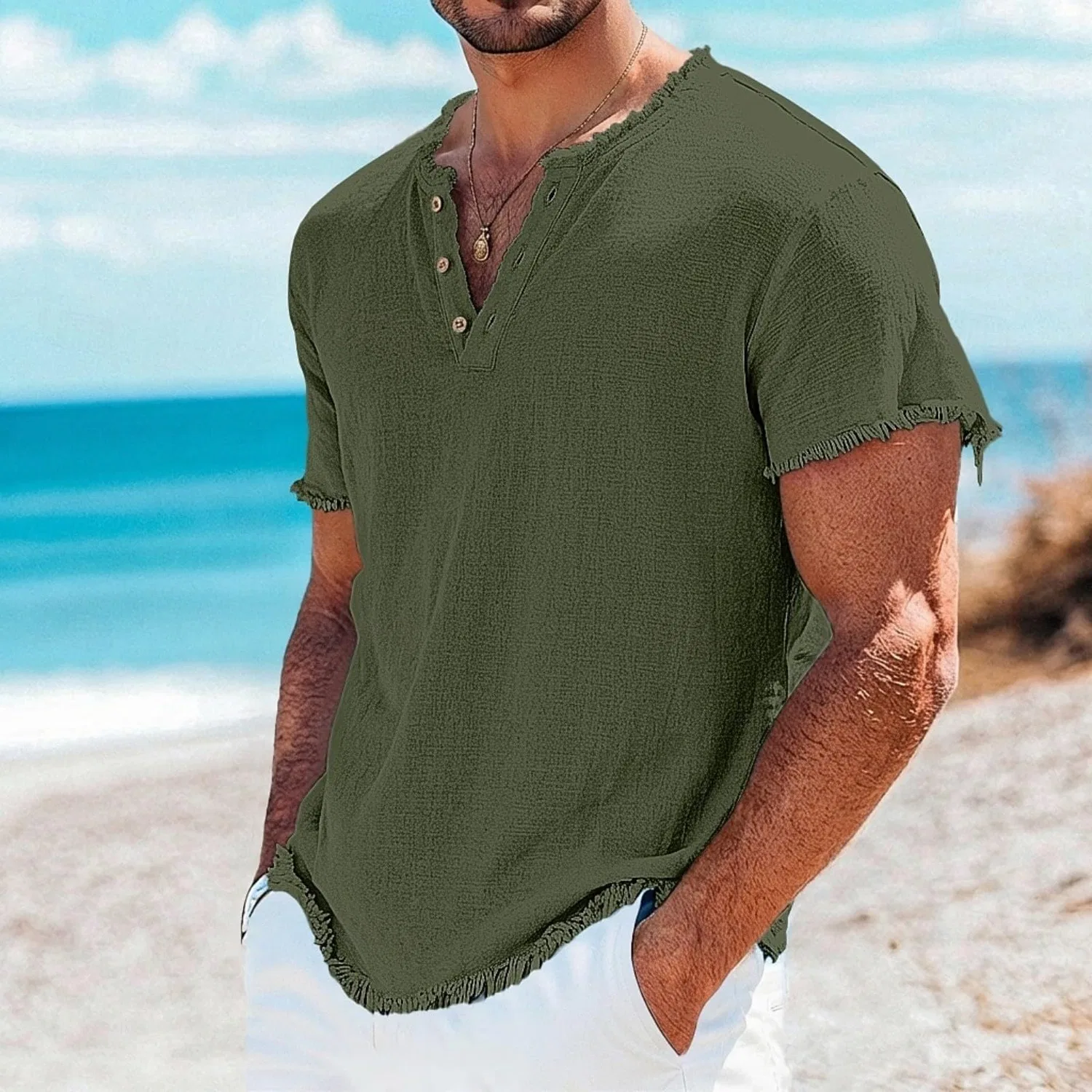 Мужская футболка с v-образным вырезом с коротким рукавом Vintage Frayed Button Down, Green T-shirts Shirts for Men — фото 2