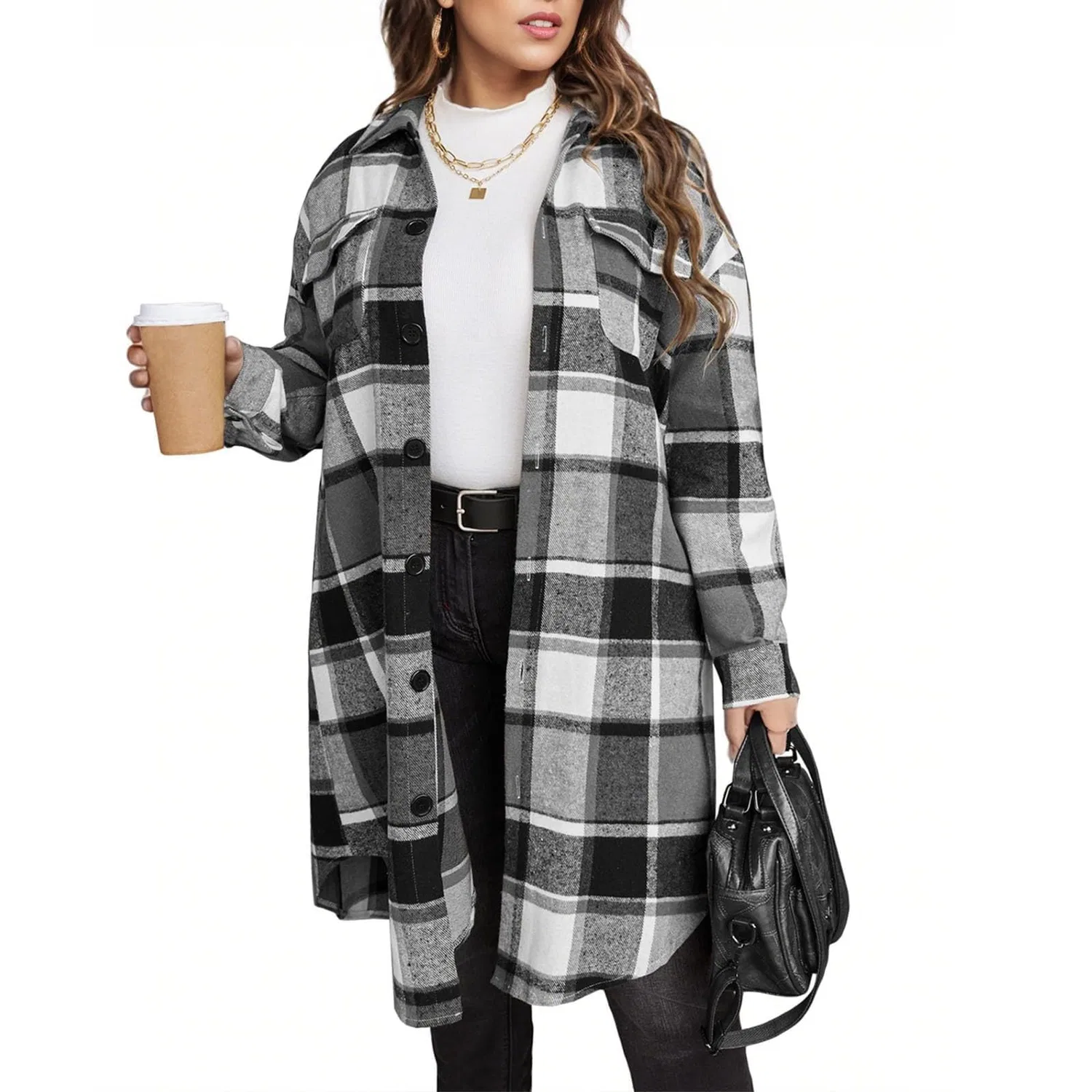 Женская рубашка-куртка с принтом в клетку Oversized Plaid Shacket, Grigio — фото 4