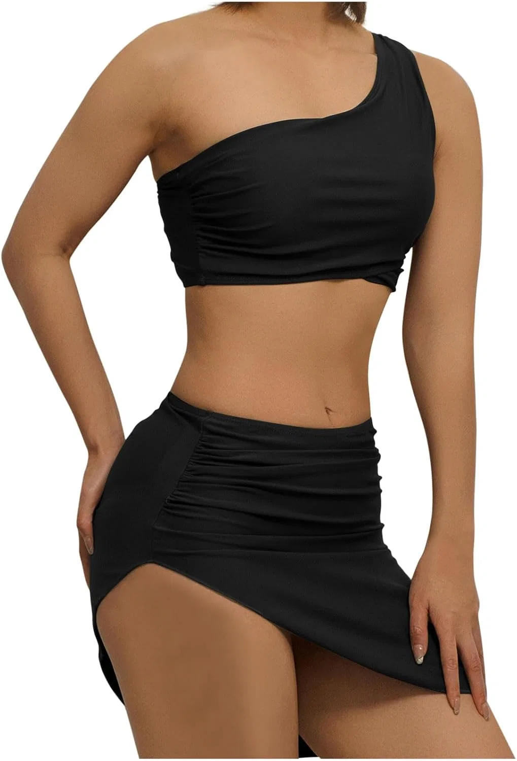 Женский бикини-комплект с завышенной талией и юбкой One Shoulder Push Up, Black