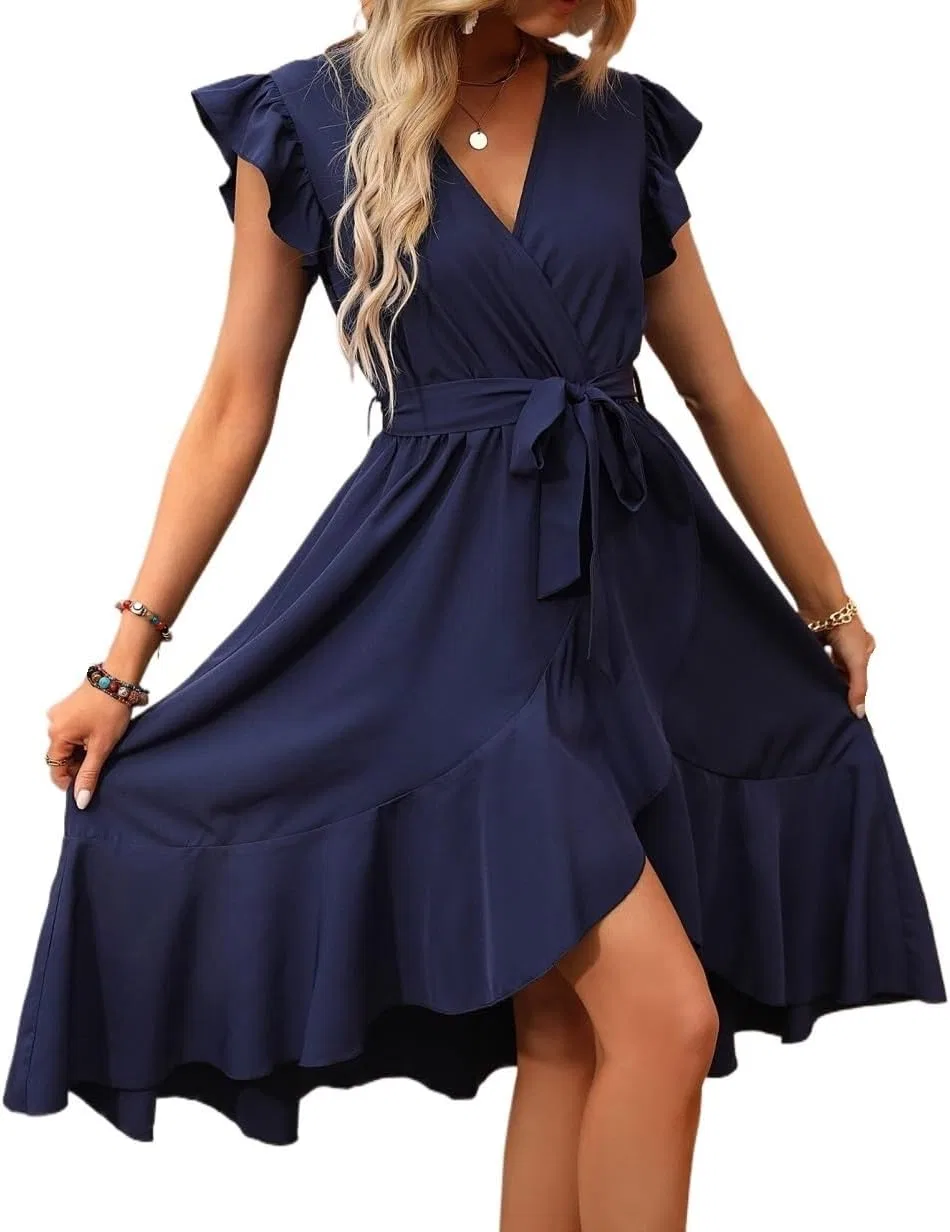 Женское A-силуэта миди платье с V-образным вырезом и оборками, Navy Blue