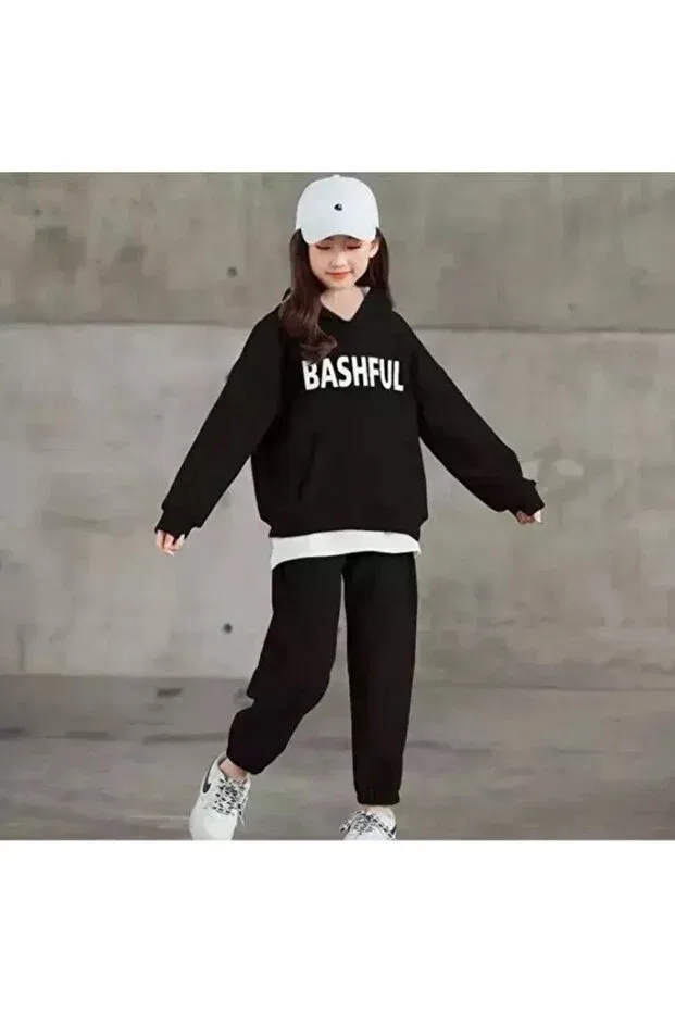 Детский спортивный костюм для девочек хлопковый Bashful Shy Printed Oversize Kids Tracksuit Set Novibe, Black