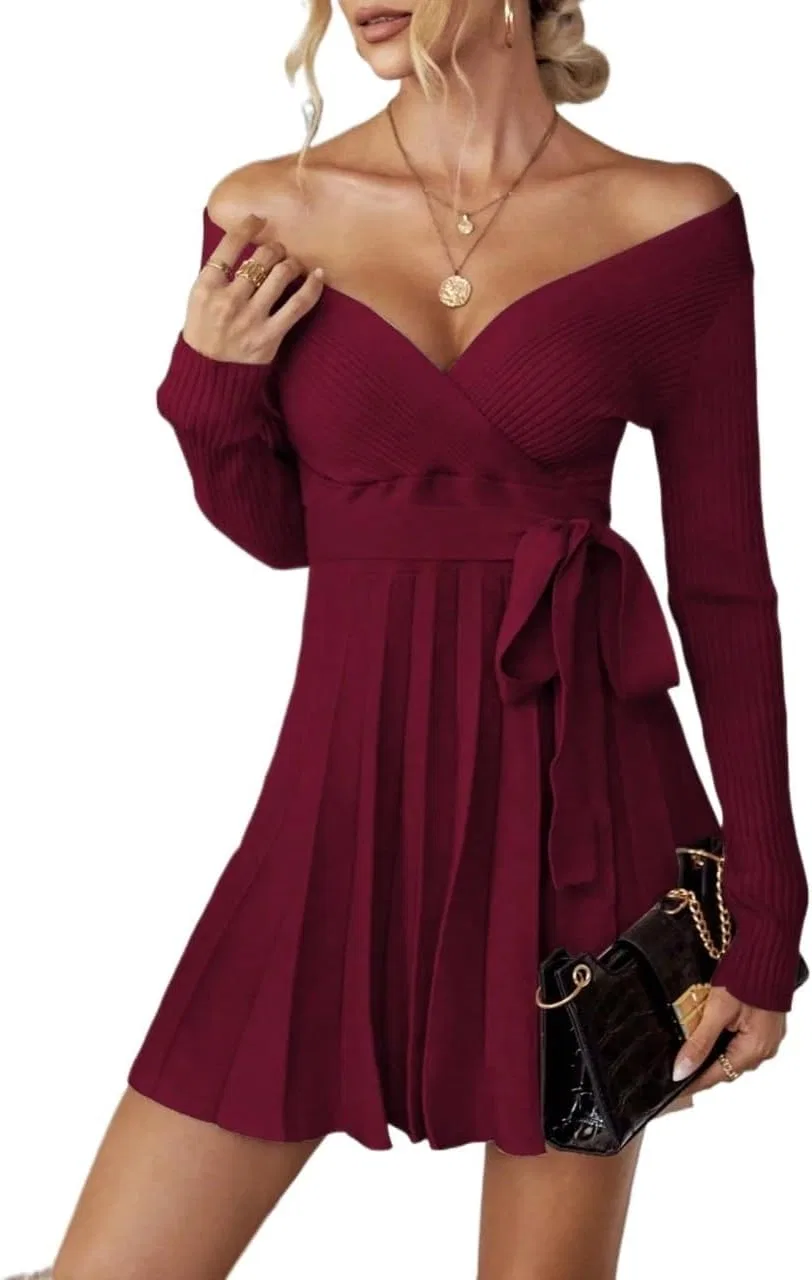 Женское платье миди с поясом и плиссе Casual, Burgundy