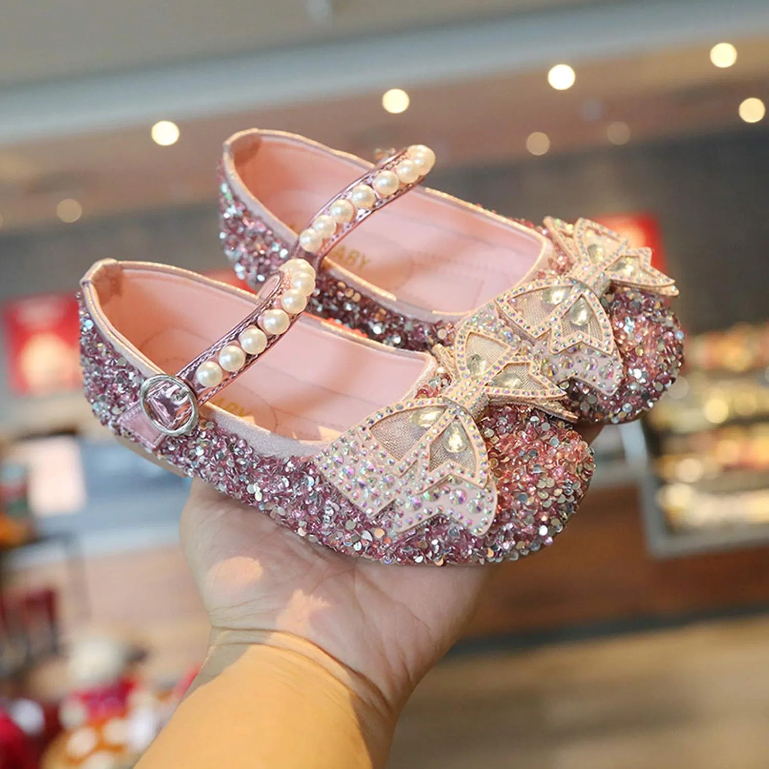Детские туфли Мэри Джейн для девочек с бантом и жемчугом Sparkle Ballet Flats, Pink — фото 3