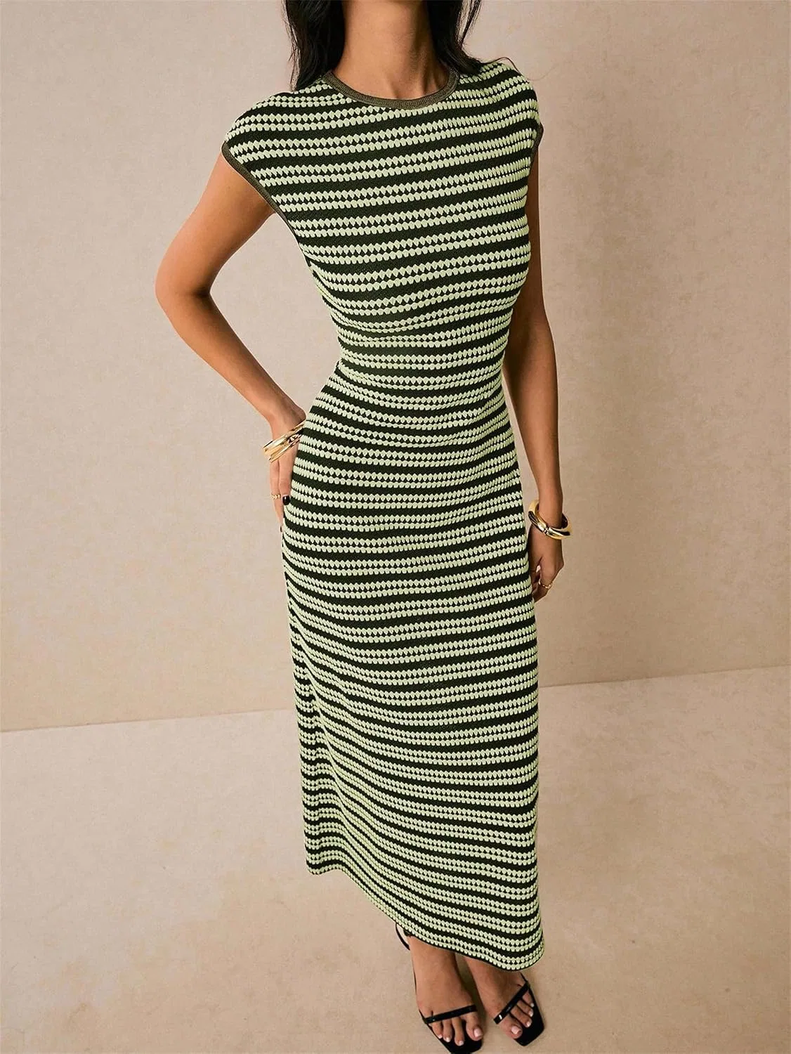 Женское платье-трапеция с принтом, Summer Striped Dress, зелёный — фото 4