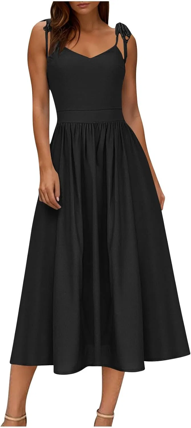 Женское летнее платье A-line с кружевной шнуровкой Black Dresses for Women Elegant Lace-Up Cami Long Dress, Black