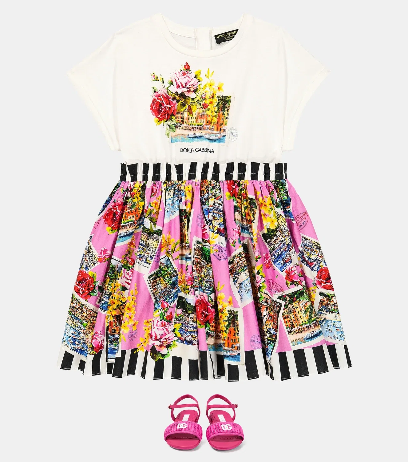 Платье хлопковое с принтом Portofino Cartoline Dolce&Gabbana Kids, белый — фото 2