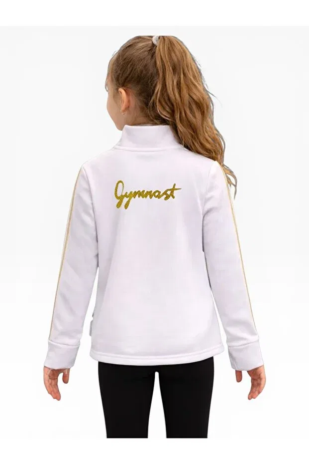 Детское для девочек спортивное худи с принтом Finger-Interlocking Gold Piping White Tracksuit Top She Can Wear, Gymnast Altın