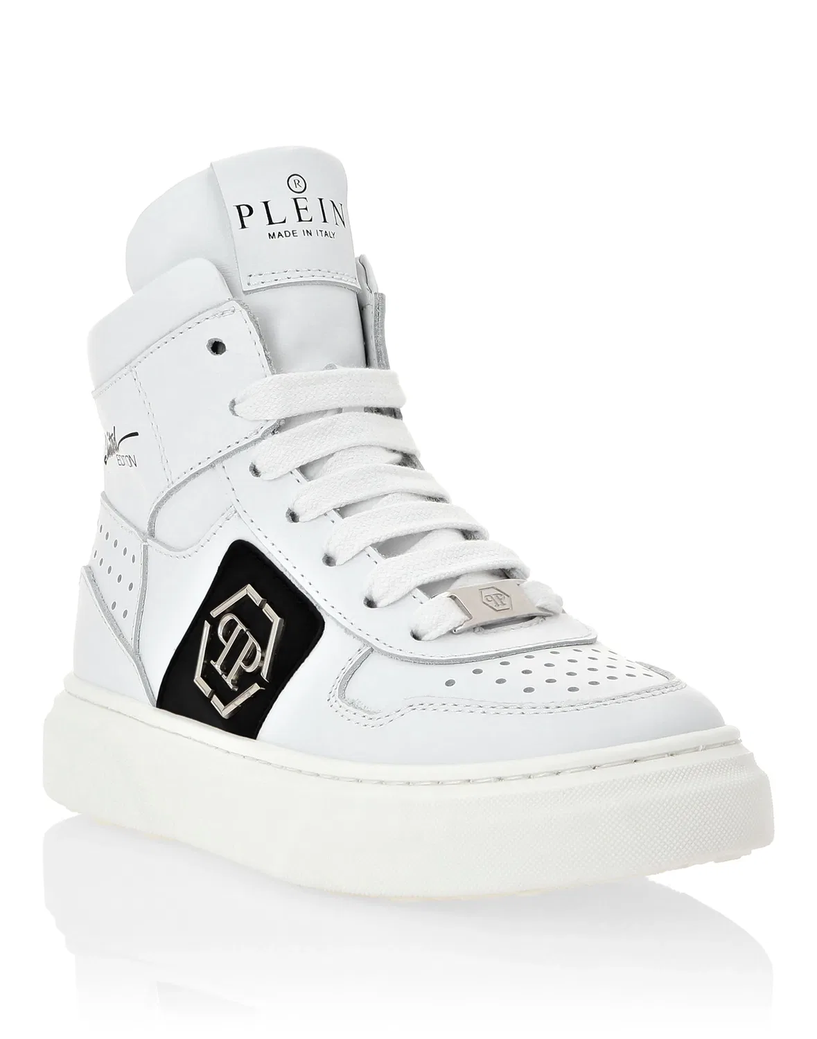 Детские кроссовки кожаные с шестиугольным логотипом Hexagon And Limited Edition Print PHILIPP PLEIN, White