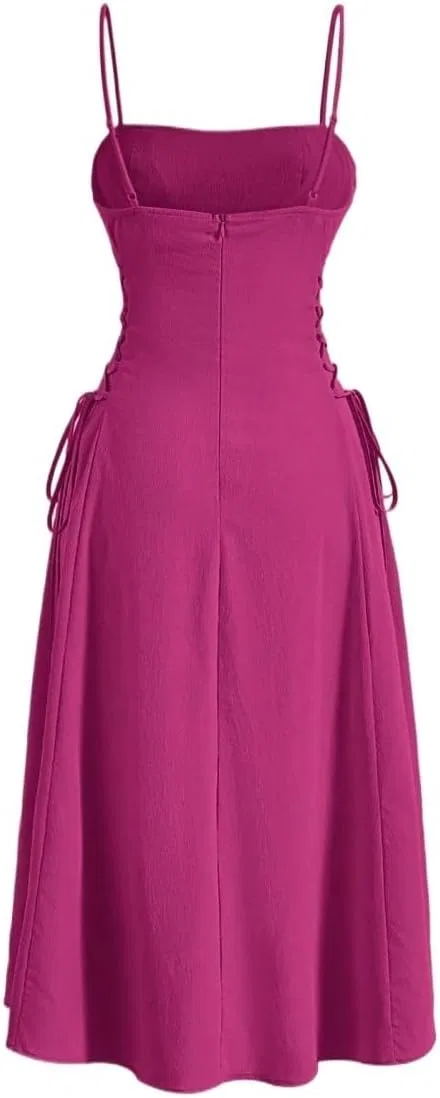 Женское летнее платье-ками с открытой спиной Ruched Midi Dress, Hot Pink — фото 2