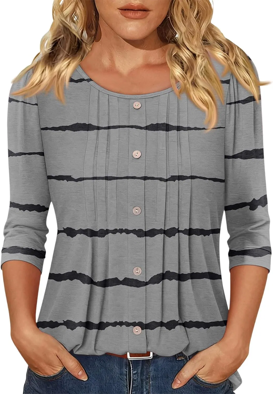 Женская блуза с плиссировкой, 3/4 рукав, Classic Basic Tees, Gray