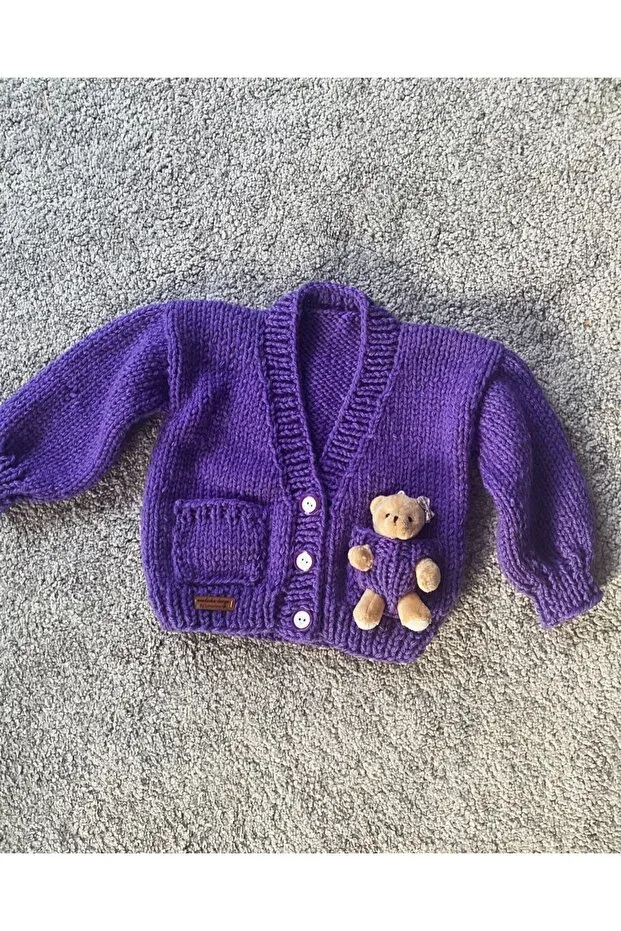 Детский кардиган для девочек с принтом Hand Knitted Teddy Bear Detailed Girl's Cardigan Nevalin, Purple