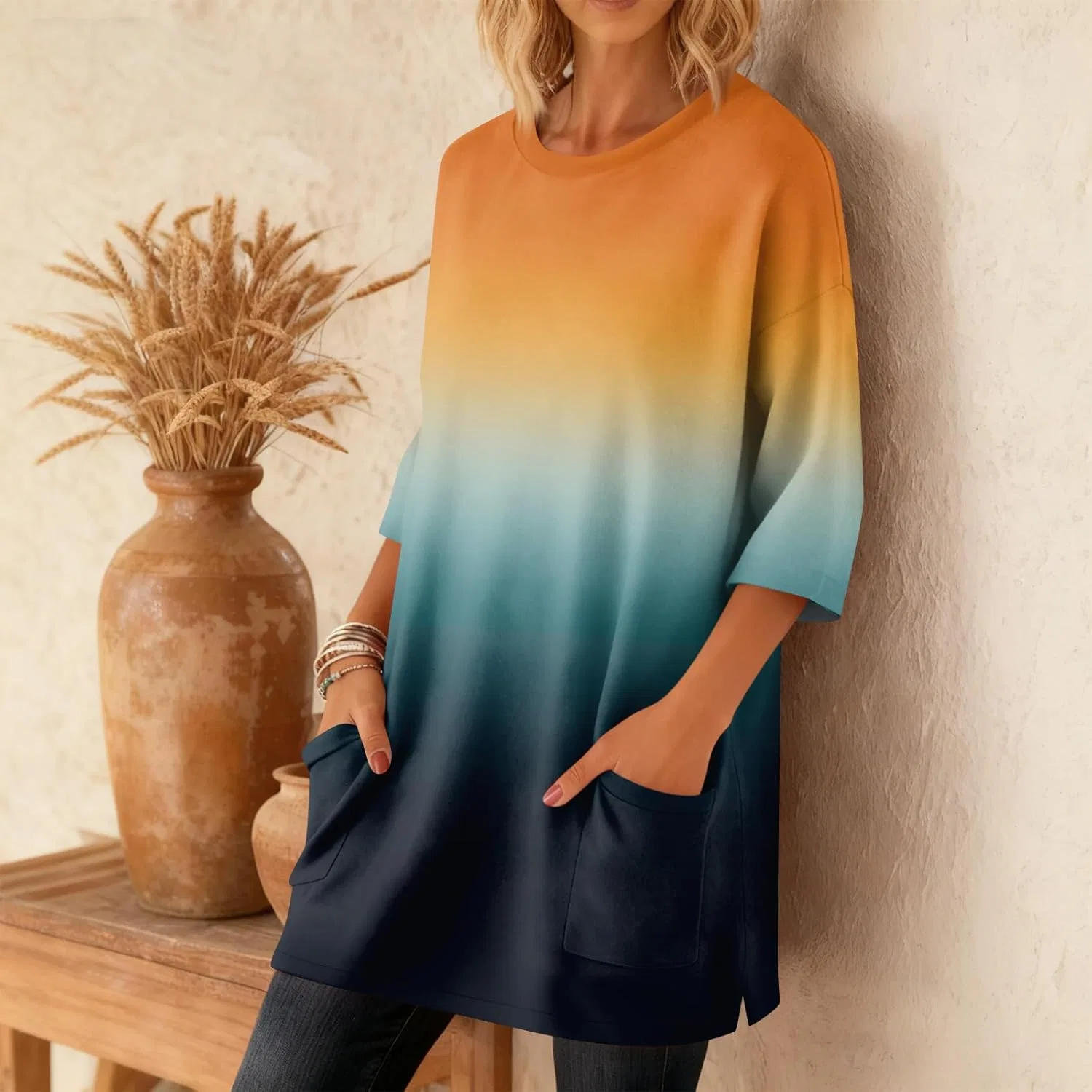 Женская футболка с рукавом 3/4 Crewneck, Saffron — фото 4