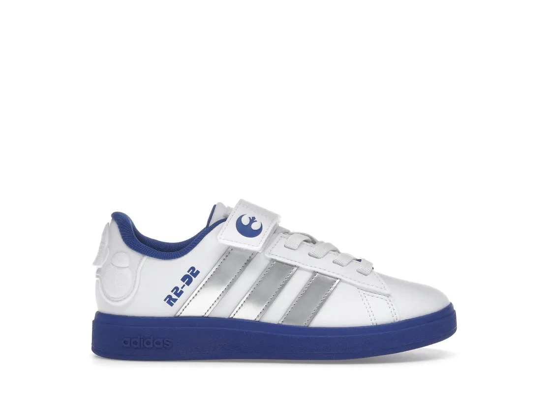 Детские кроссовки Lifestyle с принтом Star Wars R2-D2 Adidas Grand Court 2.0, Cloud White Silver Metallic Royal Blue
