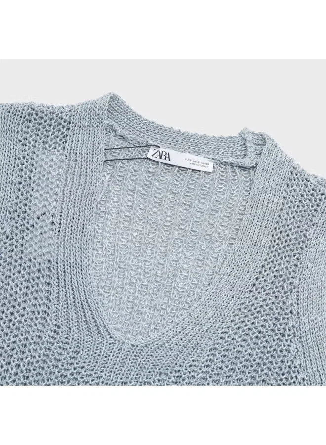 Пуловер без рукавов с ажурным узором Zara, серебристо-серо-синий — фото 4