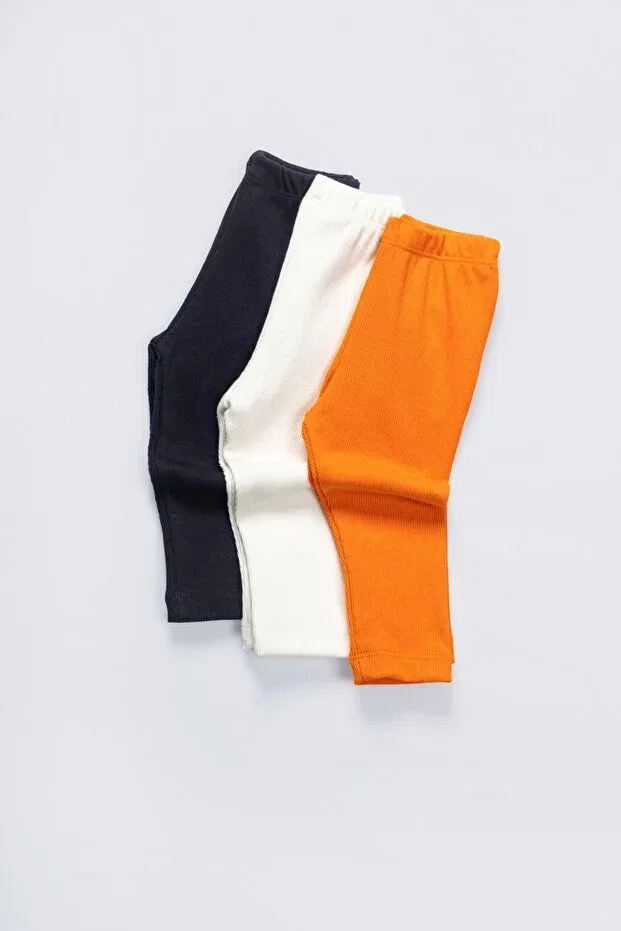 Детские леггинсы для девочек хлопковые 3-комплект Lamonde, Navy Blue - White - Orange — фото 2