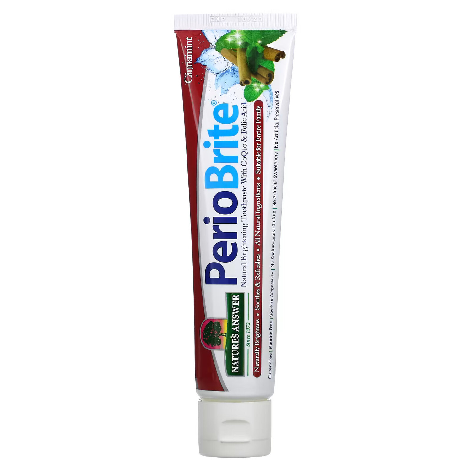 

Nature's Answer, PerioBrite, натуральная осветляющая зубная паста с коэнзимом Q10 и фолиевой кислотой, корица и мята, 113,4 г (4 унции)
