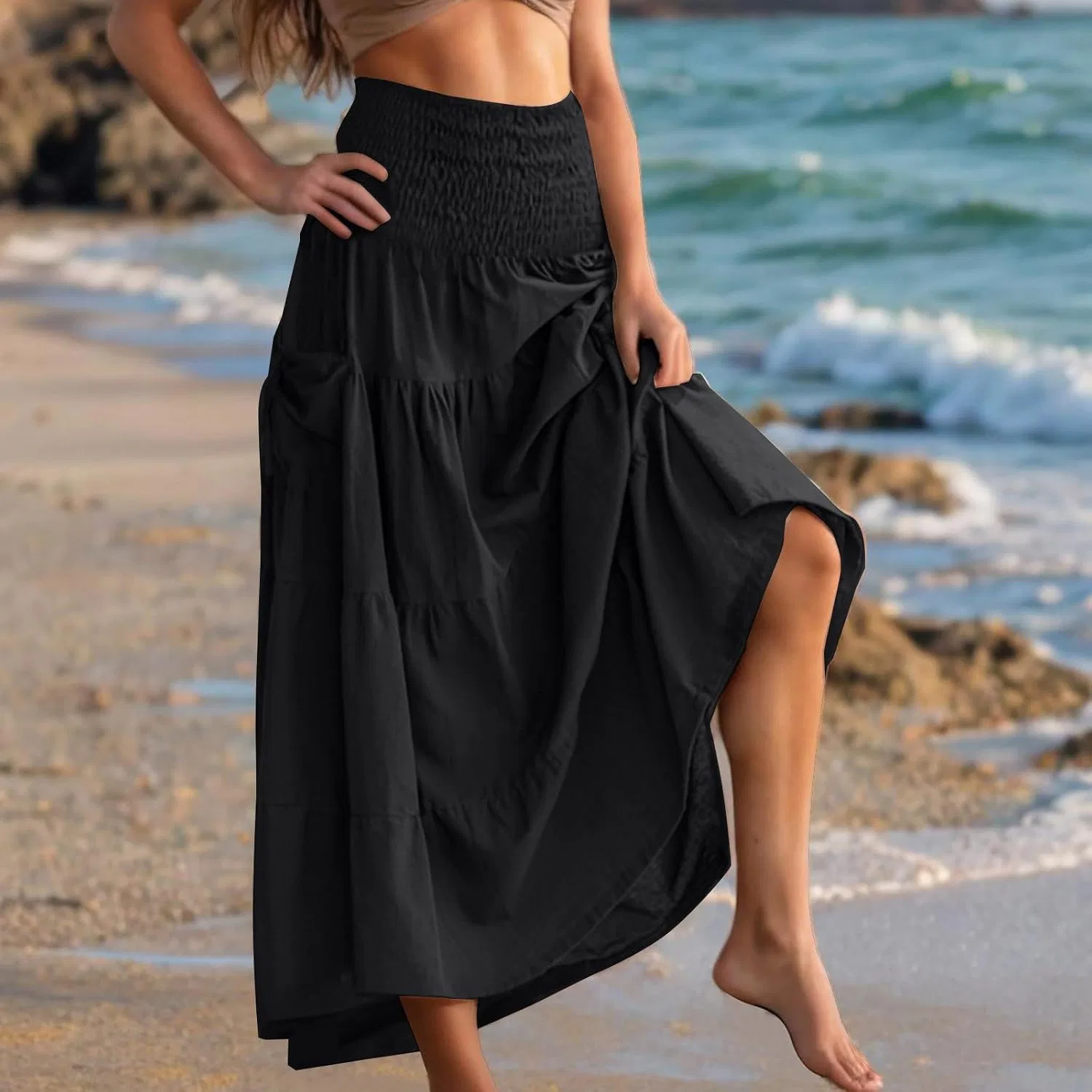 Женское длинное макси-платье A-силуэта с воланами Boho, Black-1 — фото 2