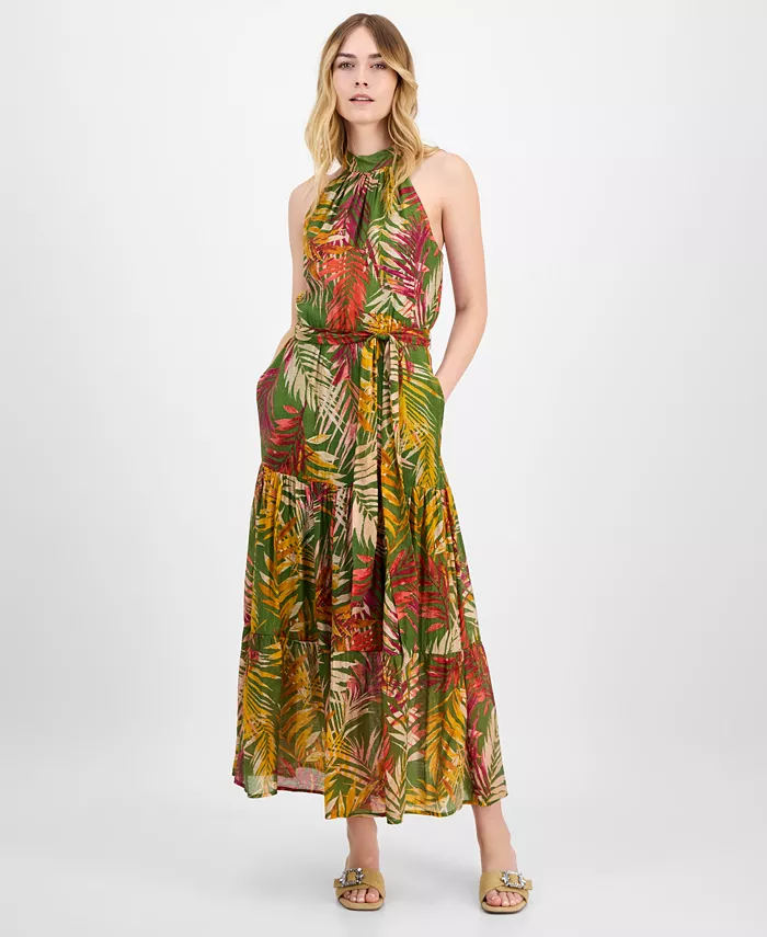 

Женское шифоновое платье-макси с принтом и бретелькой через шею Anne Klein, зеленый