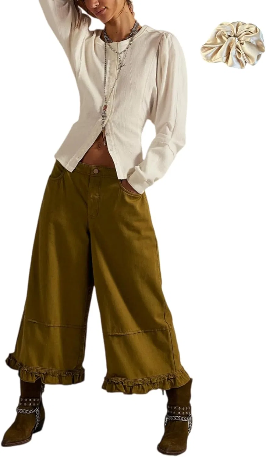 Джинсы с воланами Wide Leg, Army Green