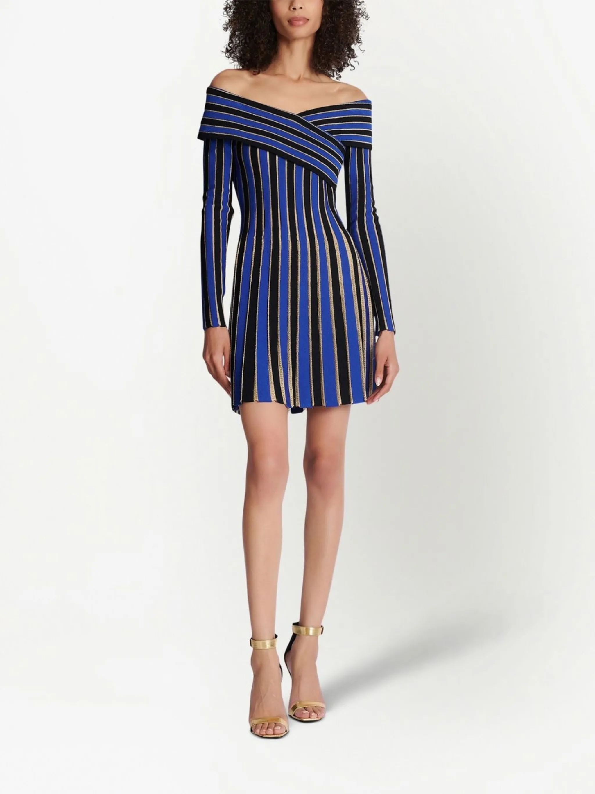Полосатое платье с открытыми плечами Balmain, синий — фото 2