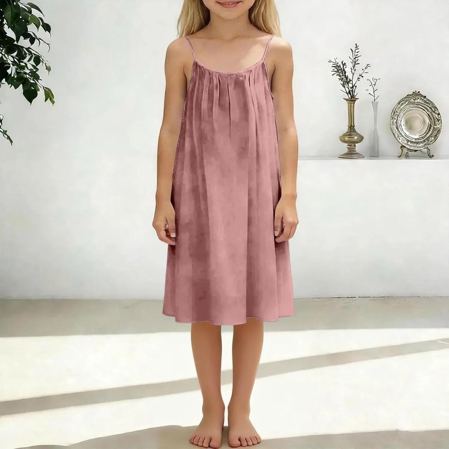 Детское летнее платье миди на бретелях с открытой спиной, Pink — фото 2