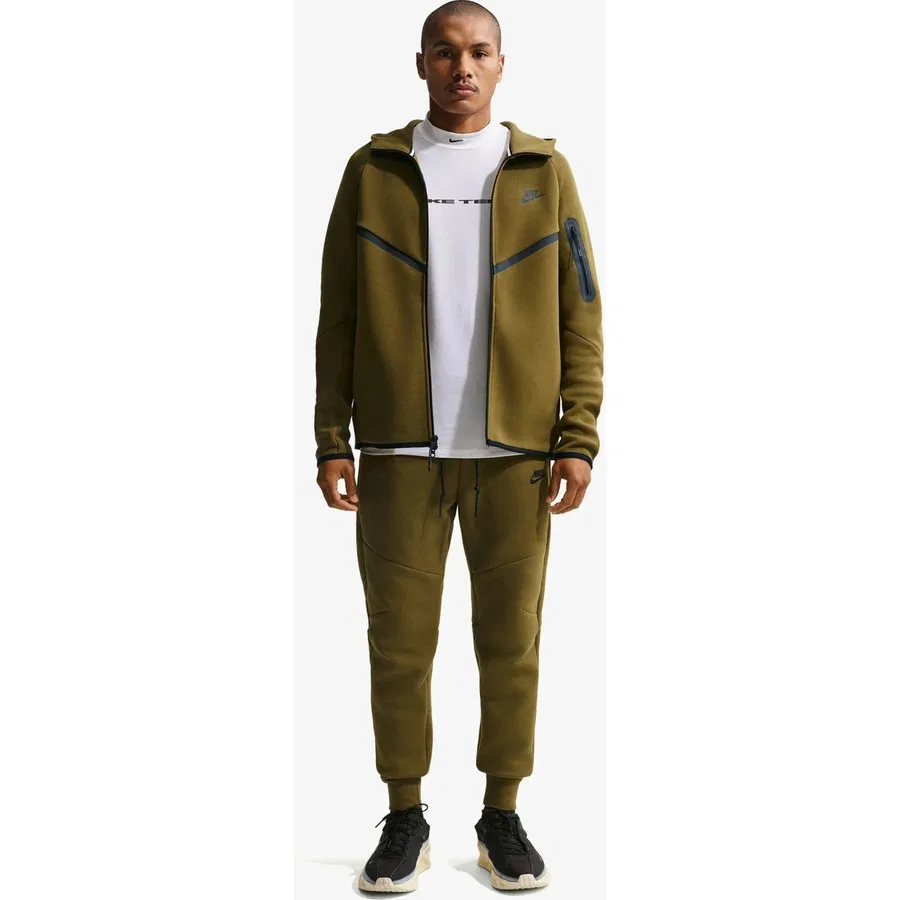 Мужская худи с капюшоном из флиса Nike Tech Fleece, модель HV0949, Nike, Хаки/Черный