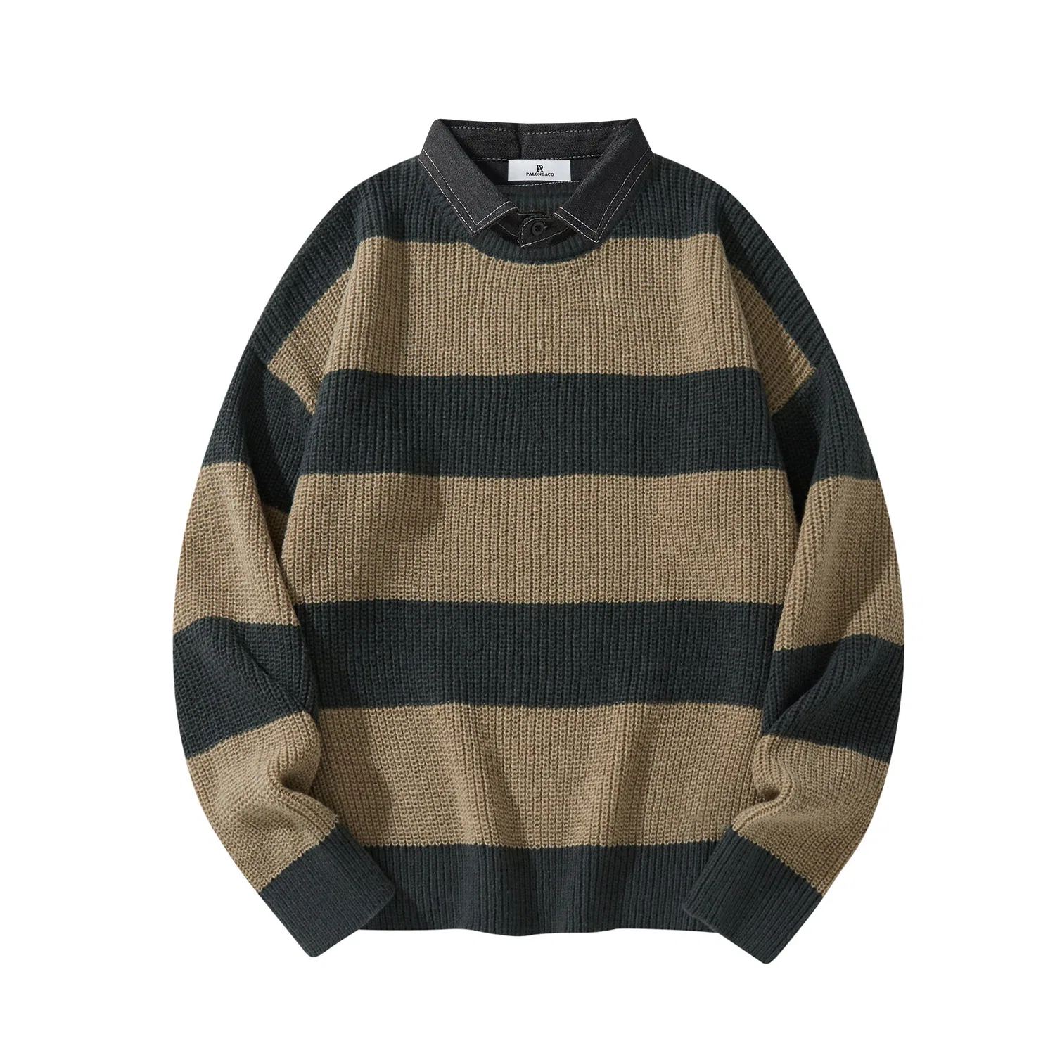 Детский свитер с воротником-стойкой и джинсовым воротником Denim Collar, PAL ONGACO, Khaki