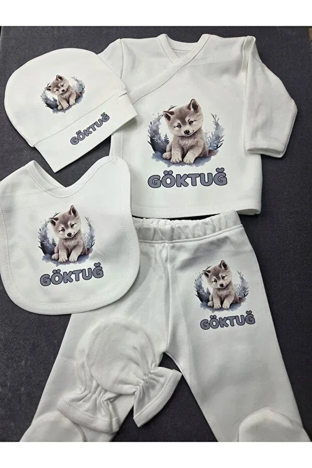 Детское боди для новорожденных с принтом Wolf Cub Lupi, Ecru Sky Blue