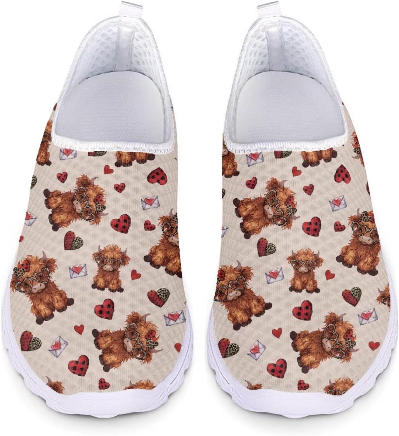 

Кроссовки Belidome для женщин и мужчин, водонепроницаемые слипоны для ходьбы, бега и походов, спортивные, дышащие, легкие, Highland Cow Heart