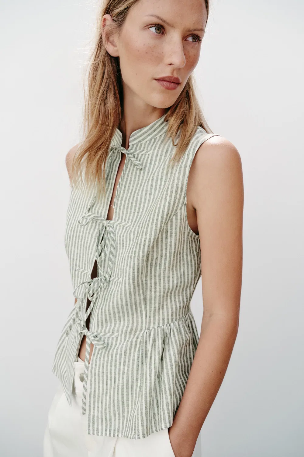 Полосатый топ с бантиками из металлизированной нити ZARA, Green/Ecru — фото 4