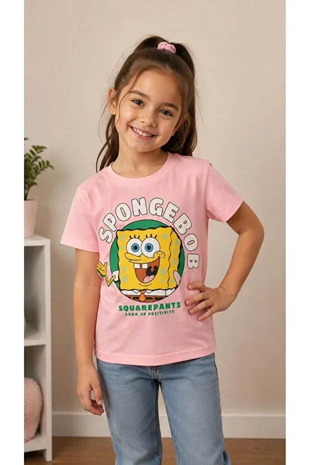 Детская футболка с принтом Spongebob Printed Kids T-shirt Kidscocuk, Pink