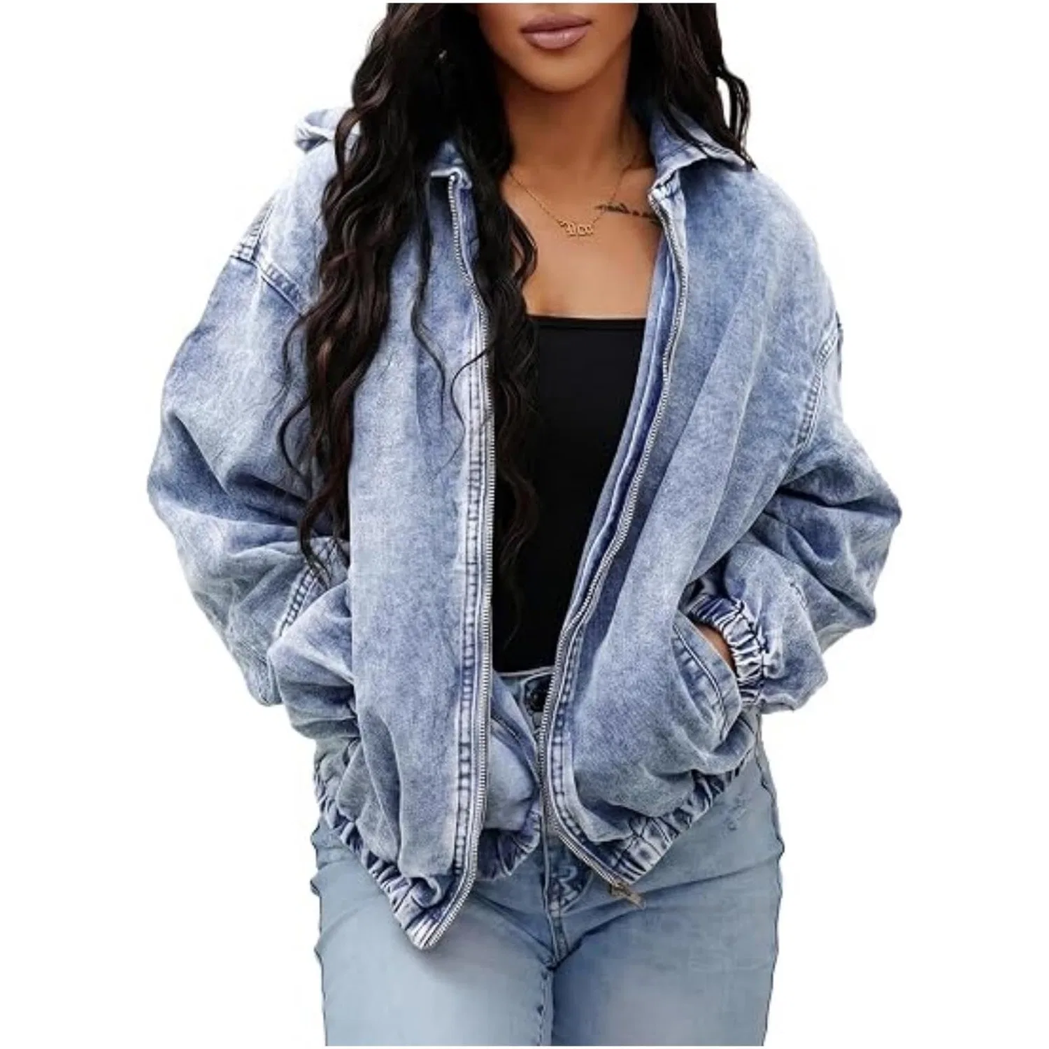 Женская джинсовая куртка oversize с капюшоном и молнией, черная, Light blue