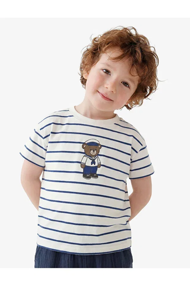 Детское для девочек хлопковое комплект футболок с принтом Ayıcık Koton, Ecru Striped — фото 3